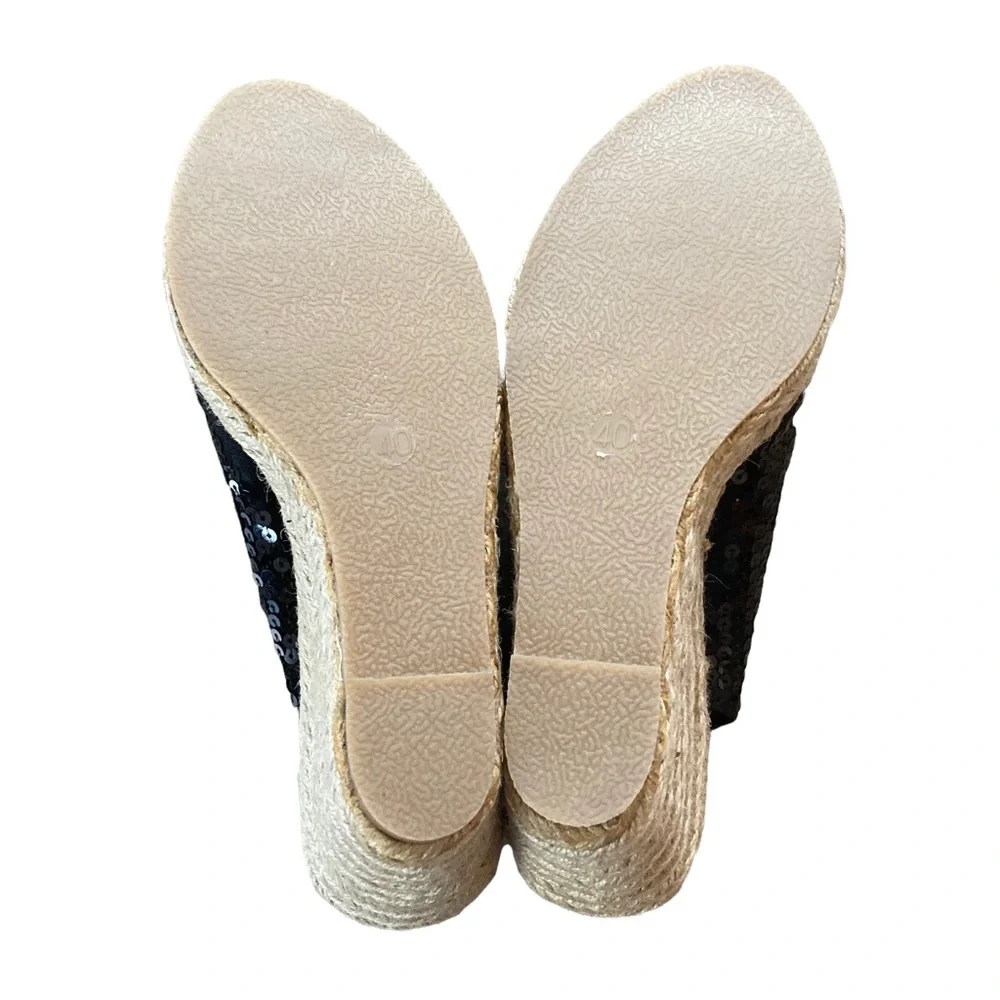 Ilse Jacobsen Size 40US Size 9.5-10 Black Danish Made Sequined Espadrille Wedges
